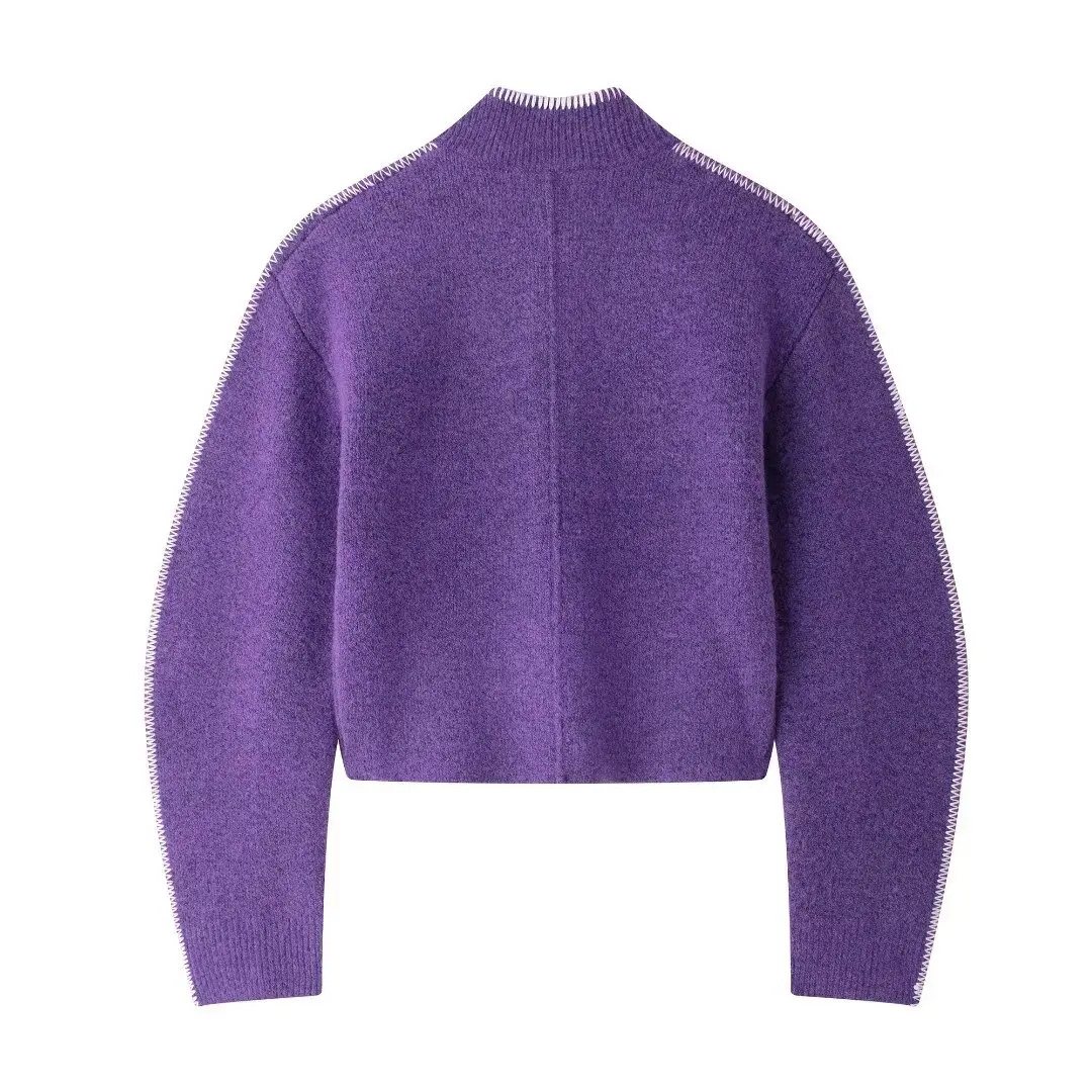 Tangada 2024 Women Elegant Purple Cardigan Sweaters Buttons Long Sleeve Female Crop Jumper 3H0822