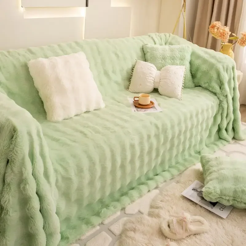 Green Soft Non-Slip Plush Sofa Full Cover Plush Thick Warm Universal Cushion Solid Color 2 3 Seat Couch Blanket Mat Home Decor