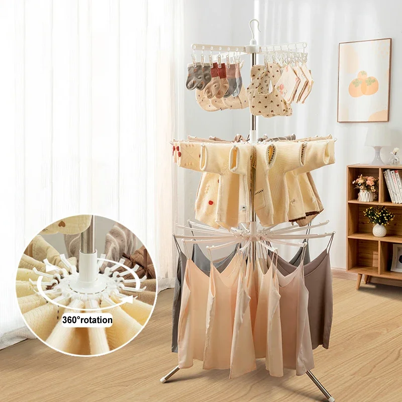 Baby Clothes Drying Rack PP+ Stainless Steel 3-layer Rotating Clothes Rack Baby Towel Portable Punch-free Home Storage Rack