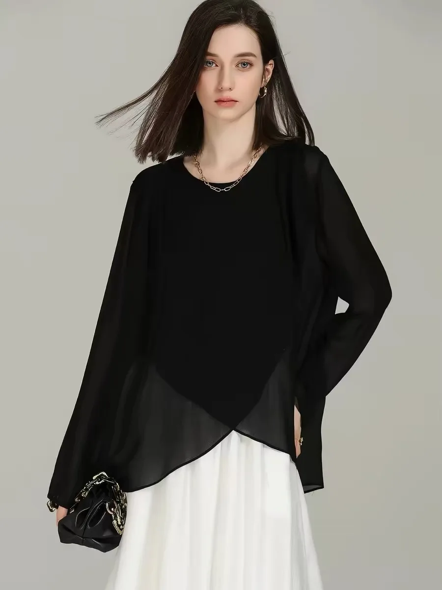 Camisa de chifón negra de talla grande, estilo coreano, elegante, asimétrica, ligera, para mujer, primavera, manga larga.