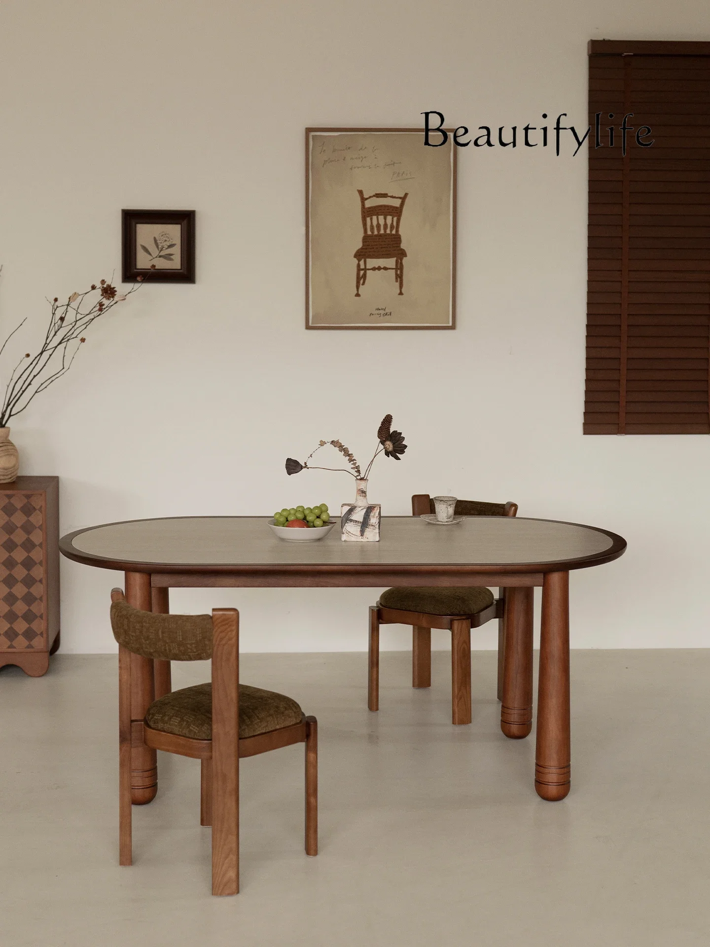 

BX Cloud Cave Dining Table Antique Travertine Rock Slab Solid Wood Dining Table Household Oval Combination Dining Table And Chai