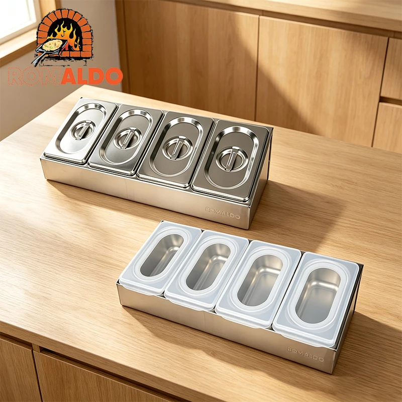 romaldo-pizza-topping-station-plastic-and-stainless-steel-lids-with-4-containers-ice-cooled-condiment-serving-containers