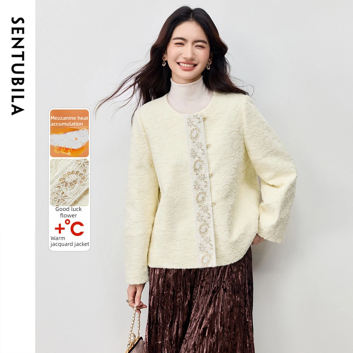 SENTUBILA Embroidery Quilted Jacket Winter Short Coat for Women 2026 Lady Contrast Color Pearl Elegant Warm Outerwear 154WL3890