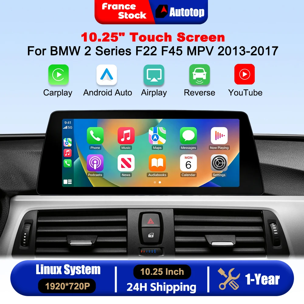 AUTOTOP Pantalla táctil inalámbrica Carplay Android Auto de 10,25 pulgadas para BMW Serie 2 F22 F45 MPV 2013-2017 Sistema NBT Reproductor de vídeo multimedia Radio para coche con YouTube en línea Airplay WiFi Bluetooth Navegación GPS Autolink MirrorLink 1
