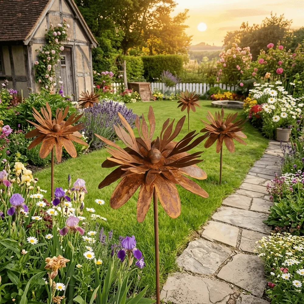 1pc Rustic Metal Daisy Garden Stake Vintage Rusty Flower Yard Art Iron Floral Decor for Outdoor Lawn Patio Rustic Ornament Gift