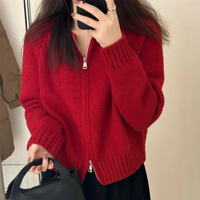 Zipper Cardigan Women Sweater O-neck Cropped Knitwear Cozy Autumn 7-Colors American Temper Кардиган Женский Minimalist Casual