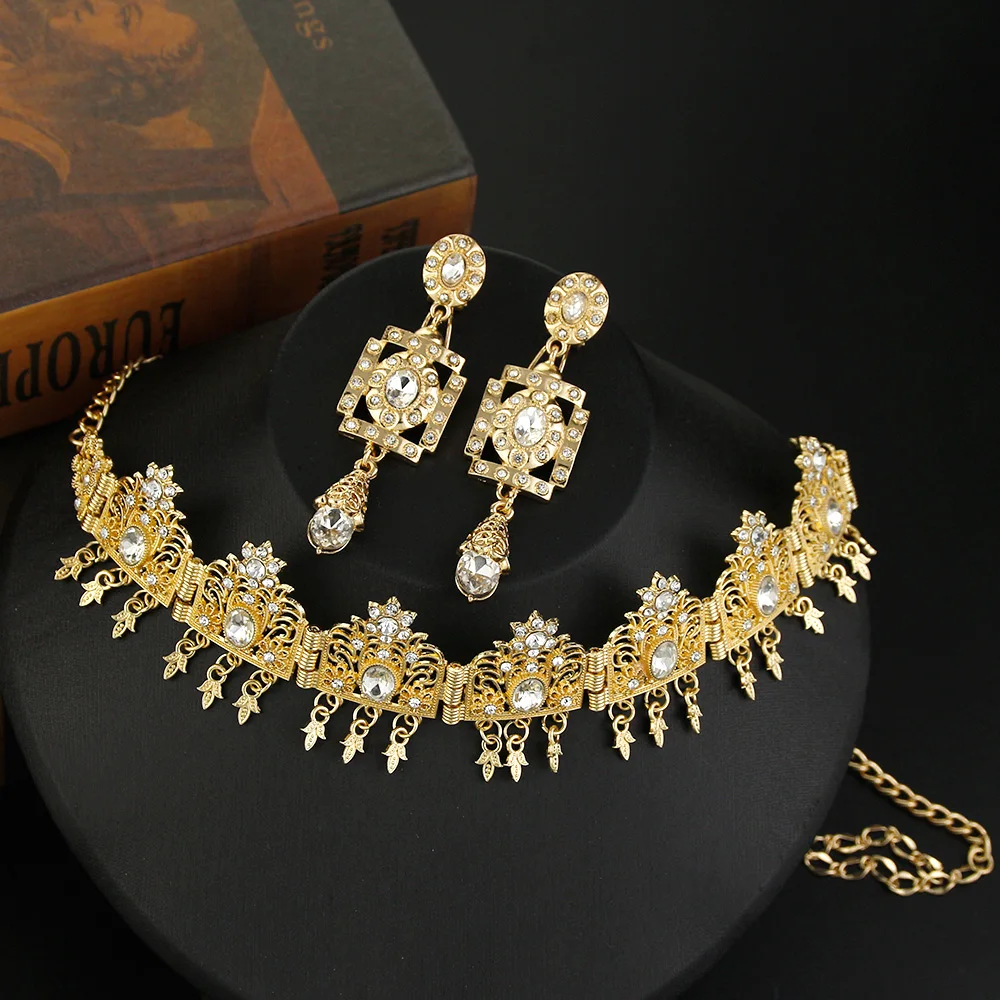 sunspicems Algerian Bridal Crystal Jewelry Forehead Chains Gold Color Flower Headband Accessories Women Ethnic Wedding Jewelry