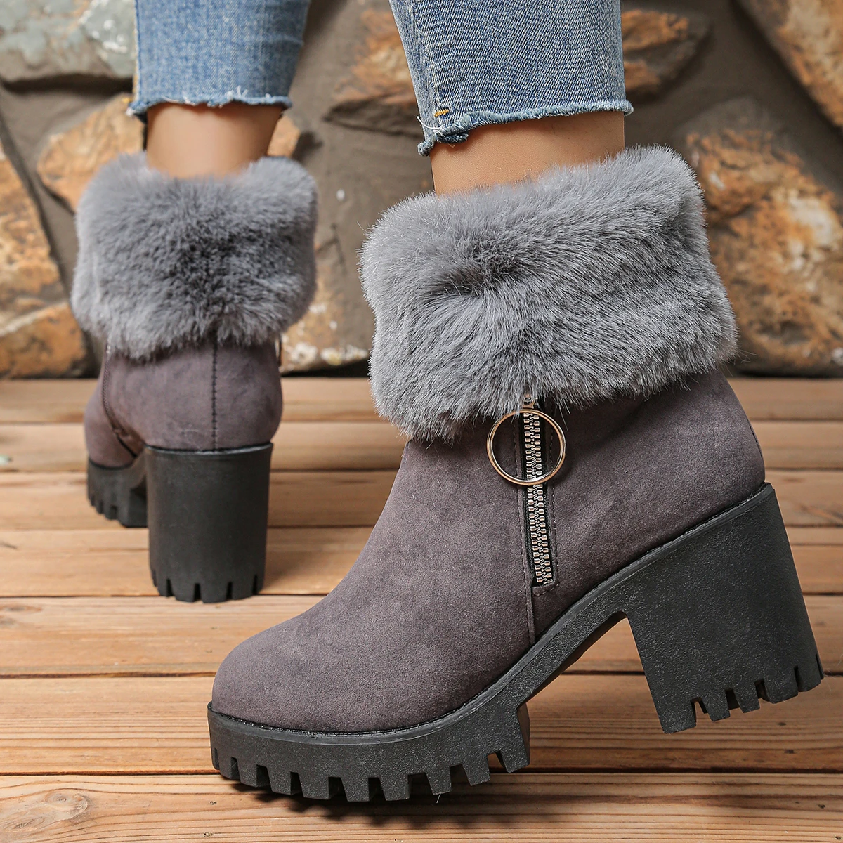 

New Fashionable Women's Fur Lined Snow Boots Large Cotton Boot Thick Heel Short Boot Rubber Upgraded Version Winter Boots