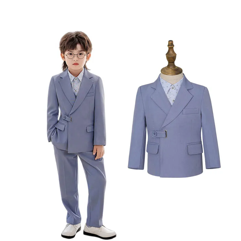 90-160 Boys Light Blue 3Pieces/Set Jacket Vest Pants Ring Bearer Dress Kids School Host Speech Costume Children Photography Suit