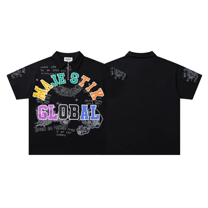 Majestik T-shirts Vintage Studded Graphic Polo Shirt Rivet Decoration Graffiti Skull Print Half Zip Hip Hop Short Sleeve T-Shirt