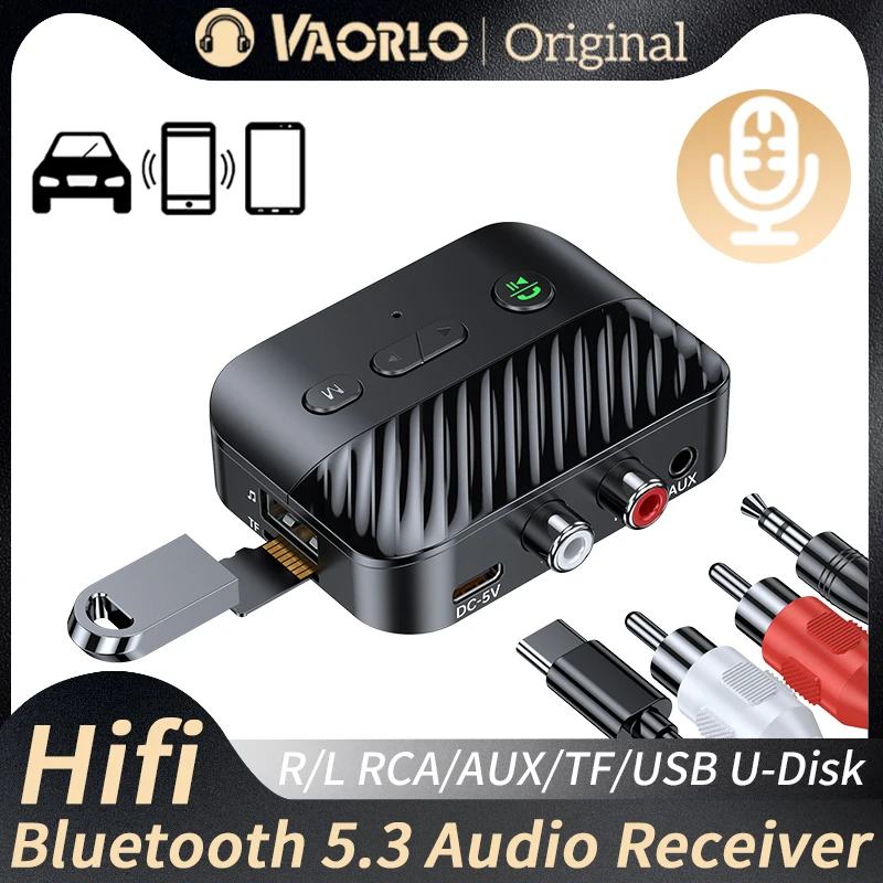 Bluetooth 5.3 Audio Receiver Hifi Stereo Music R/L 2 RCA/3.5MM AUX/TF/USB U-Disk Wireless Adapter With Mic Call For Car/Speakers