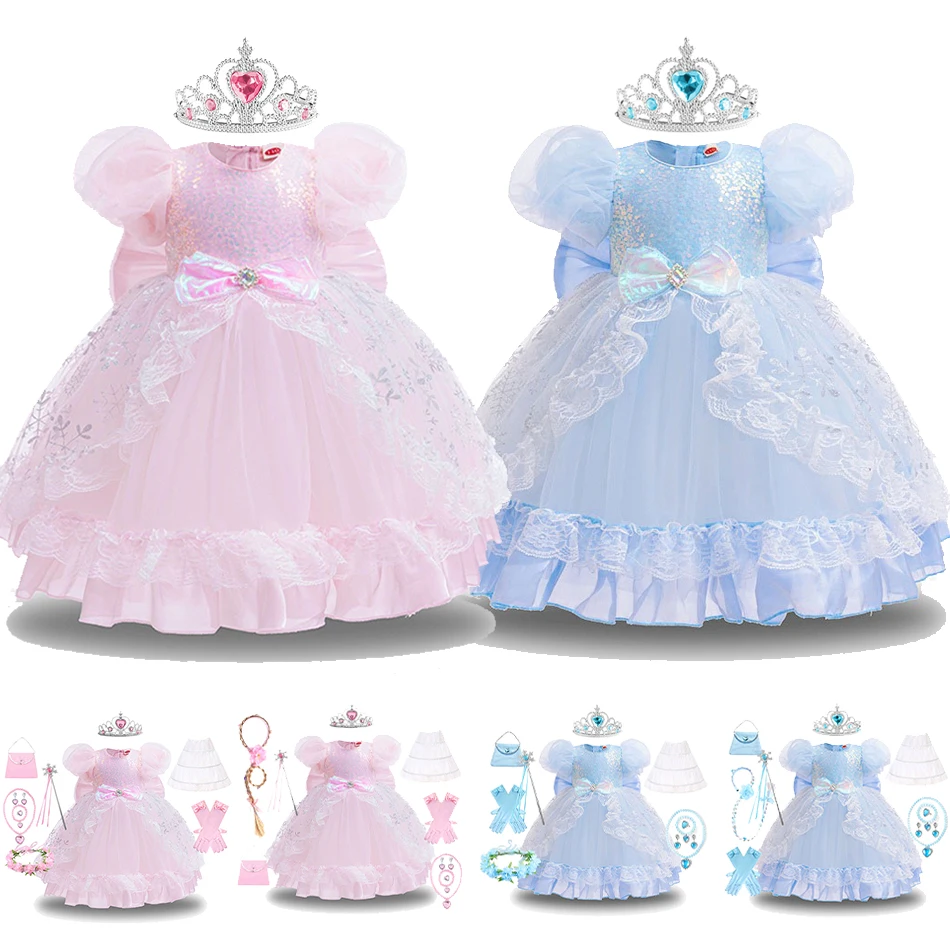 Little Girls Birthday Princess Dress Up Costumes Blue Sequin Lolita Dress for Girls Lace Puffy Cosplay Party Outfit Kids Costume