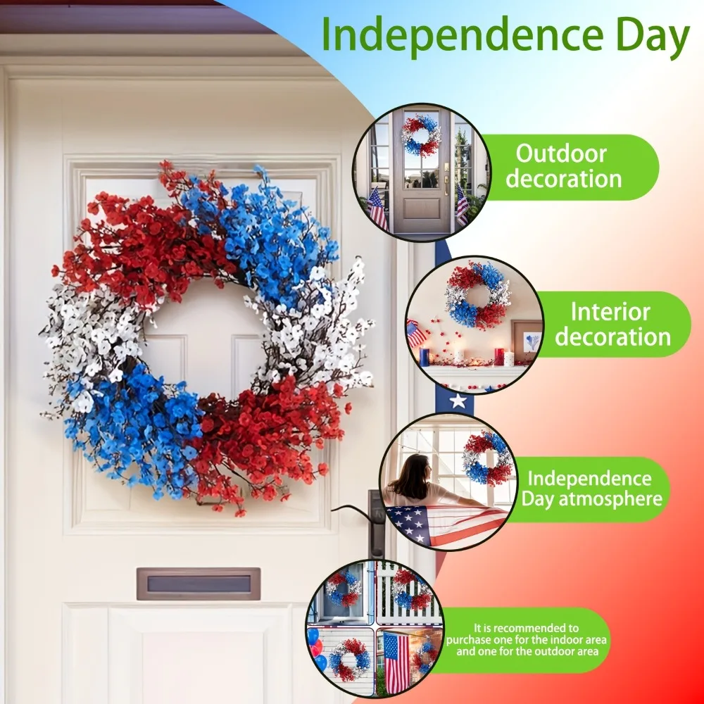 4th of July Patriotic Wreath, Red White Blue Baby's Breath Wreath for Front Door Independence Day Home Holiday Decor 1pc Garland