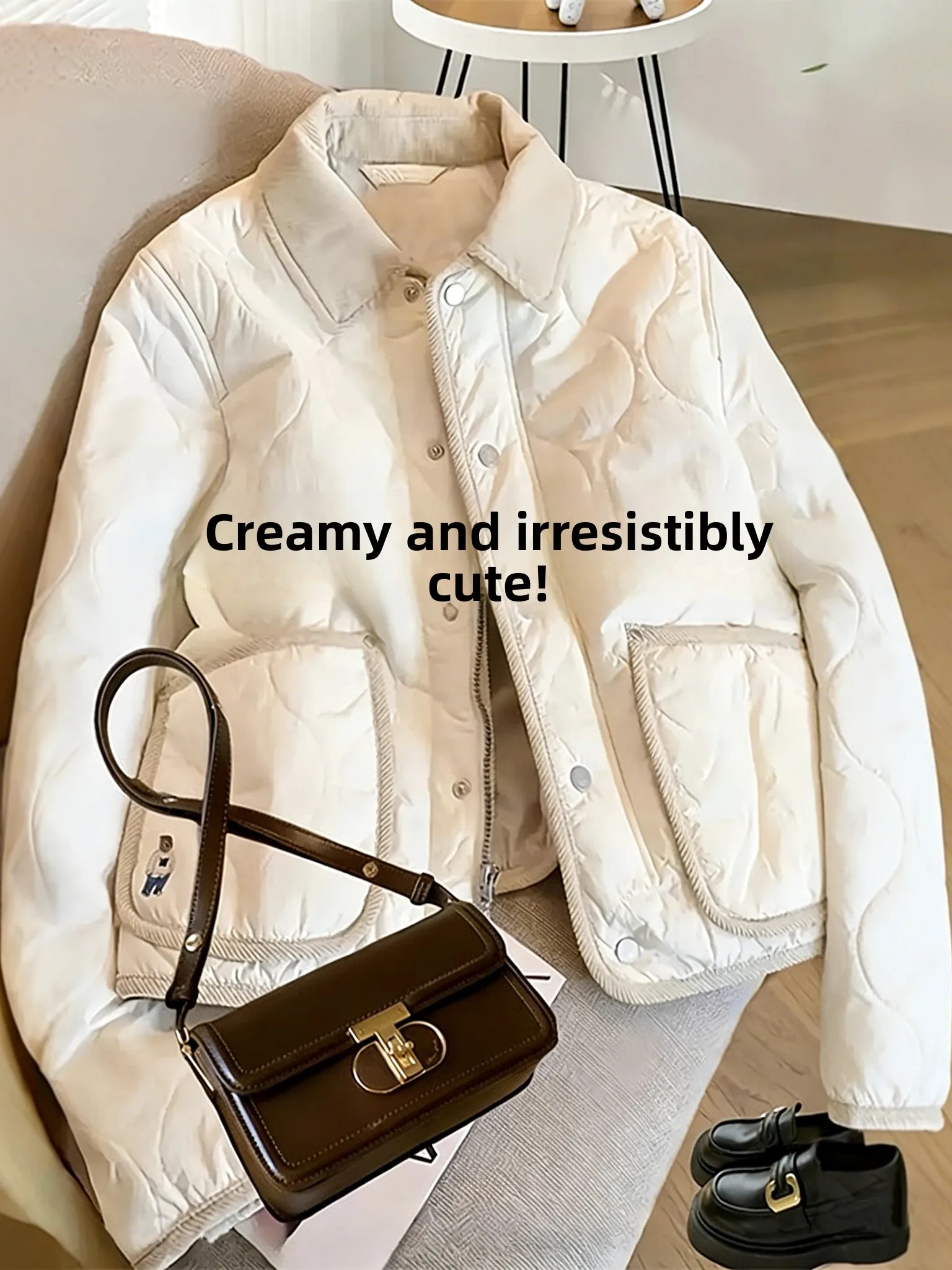 

Color Blo Bear Collar Diamond Pattern Cotton Jaet Women's plus Size Korean Sle Warmth Trendy Coat Artistic Loose Fit