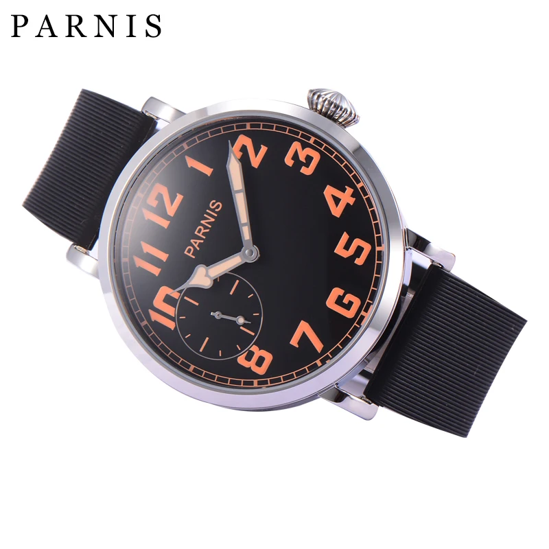 Parnis 46mm Silver Case Hand Winding Luminous Mark Men\'s Causal Watch Stainless Steel Case Small Second Men Watch Leather Strap