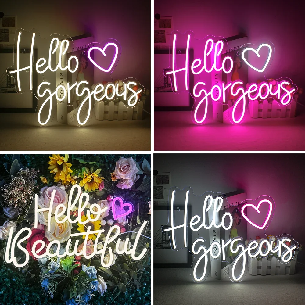 Enseigne au néon LED Hello Gorgeous, enseigne lumineuse pour décoration murale, fête d'enterrement de vie de jeune fille, anniversaire, fiançailles, mariage, USB