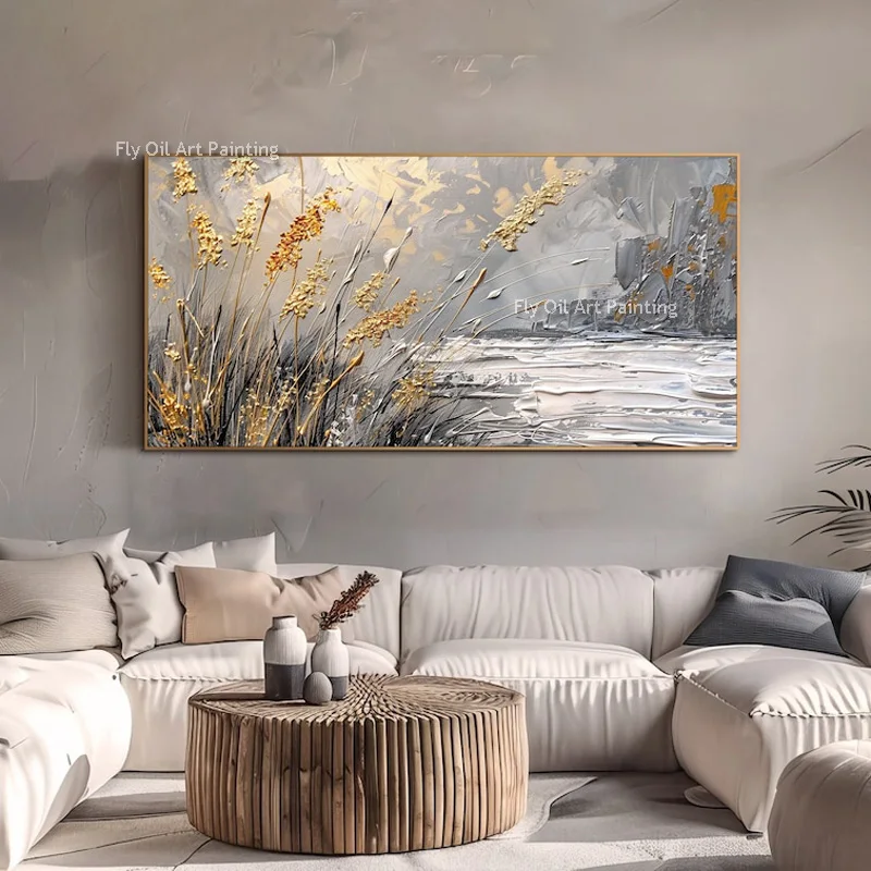 Modern Beige Grey Simplism Design Home Wall Art Items Large Handpainted Lake Landscape Oil Painting For Room Decor As Gifts