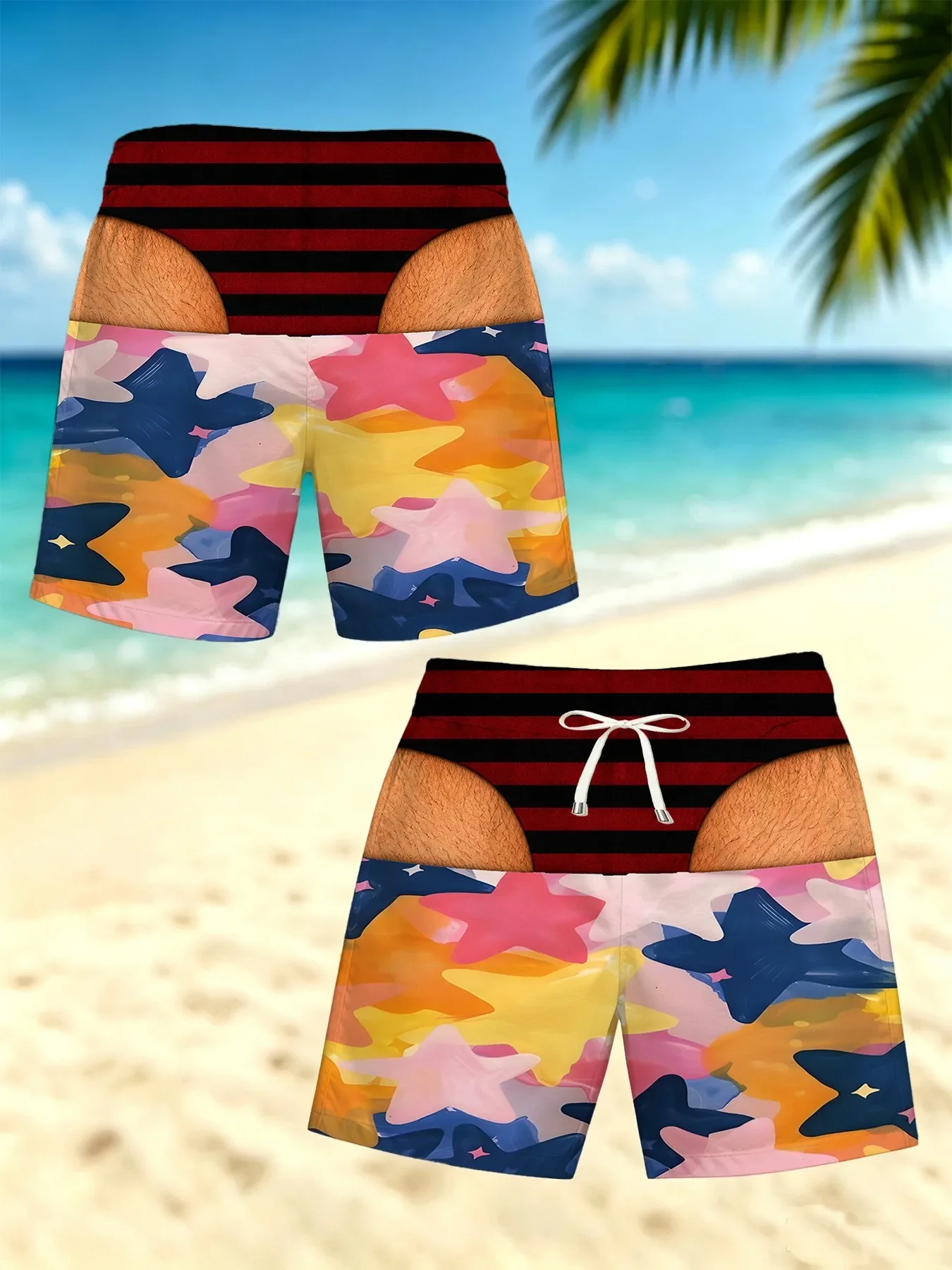 Funny Fake Striped Bikini Waist Men Swim Trunks Cartoon Ocean Fish Sailboat Print Quick Dry Beach Shorts Gag Gift