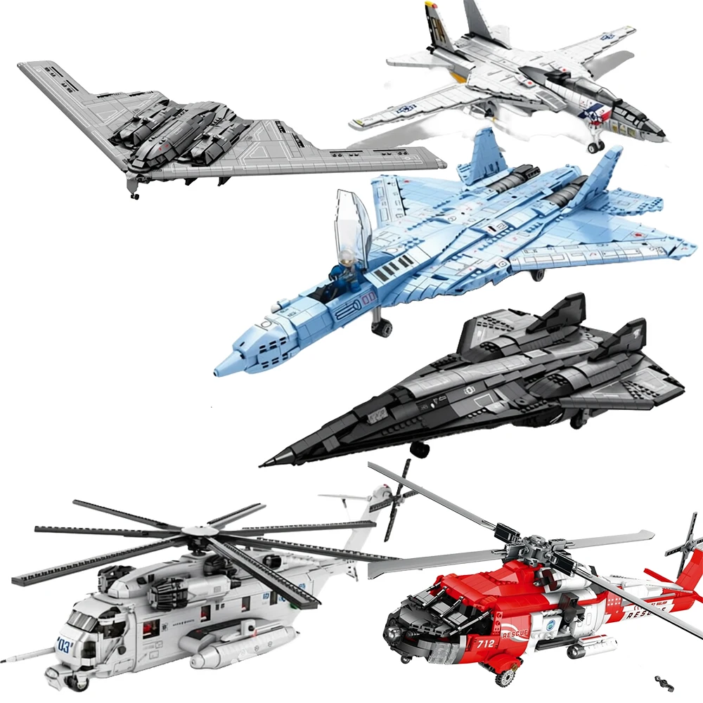 Military Aircraft Series Building Block Bomber Fighter Jet Army Helicopter Desktop Ornament Collectible Puzzle Toys Holiday Gift