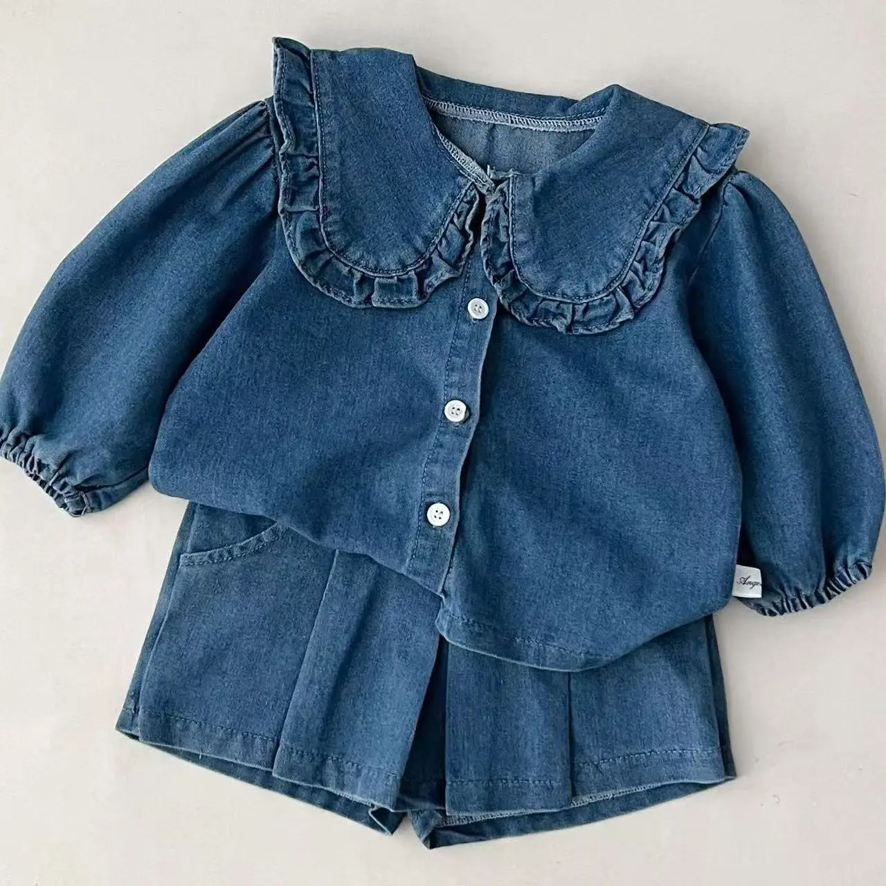 

2025 Spring Girls Set Denim Cardigan Pullover+short Skirt Set Solid Color Girls Casual Fashion Ruffled Top+denim Skirt Set