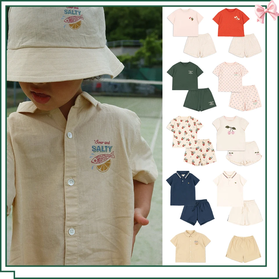 Summer Girls Polka Dot Print T-shirt Shorts 2026 KS Boys Short Sleeve Polo Tops Kid Vacation Tee Sets Baby Homewear Clothes Suit