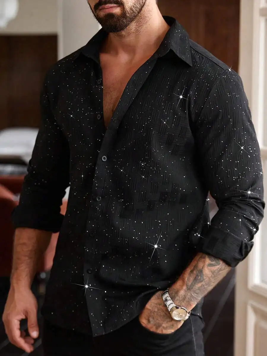 

Men's Black Long Sleeve Casual Shirt with Sparkle Dot Pattern, Turn-Down Collar, Single-Breasted
