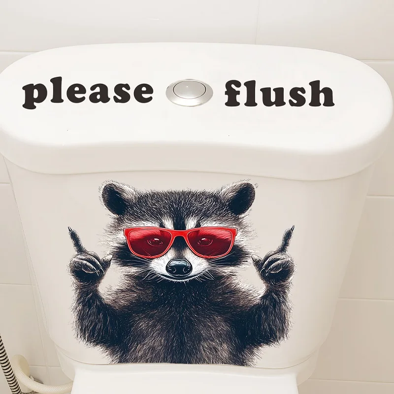 Red-Eyed Raccoon Wall Sticker Bathroom Waterproof Toilet Seat Cover with Self-Adhesive Please Flush Wall Sticker PVC