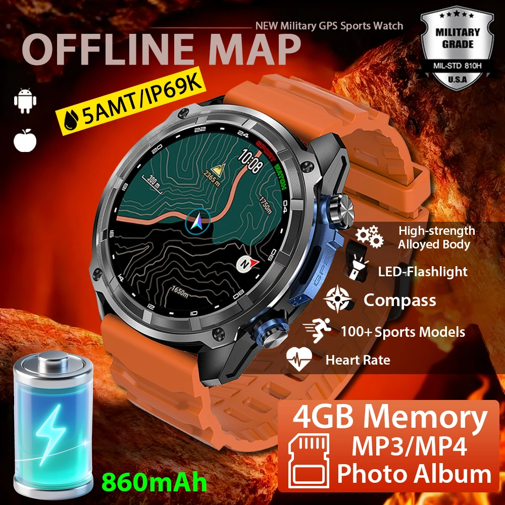 

2025 New T-Rex Military GPS Smartwatch Men Offline Map 860 mAh Battery 5ATM Waterproof 4GB Memory Swimming Heart Rate Smartwatch