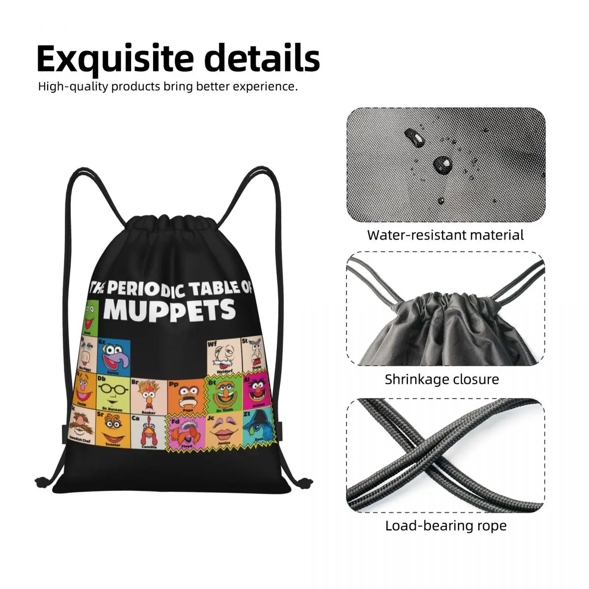 Muppets Periodic Table Drawstring Mochila, Sports Gym Bag para homens e mulheres, Anime Cartoon Training Sackpack, personalizado