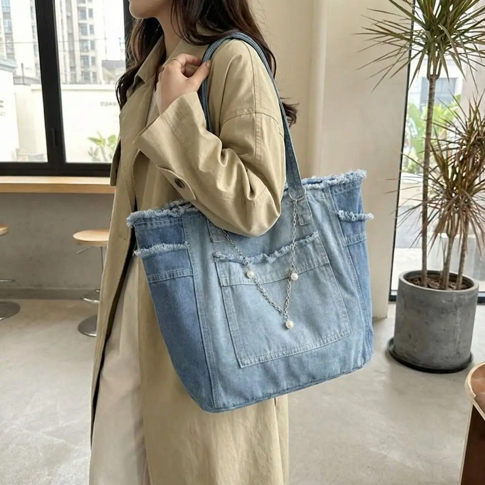

Милая джинсовая сумка через плечо в корейском стиле, ретро-сумка-тоут из однотонного холста, простая сумка из искусственной кожи для девочек