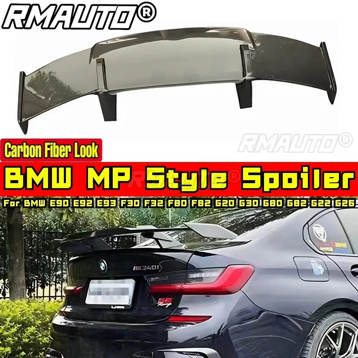 For BMW E90 E92 E93 F30 F32 F80 F82 G20 G30 G80 G82 G22 G26 Universal Glossy Black MP Style Rear Trunk Spoiler Rear Wing view 2