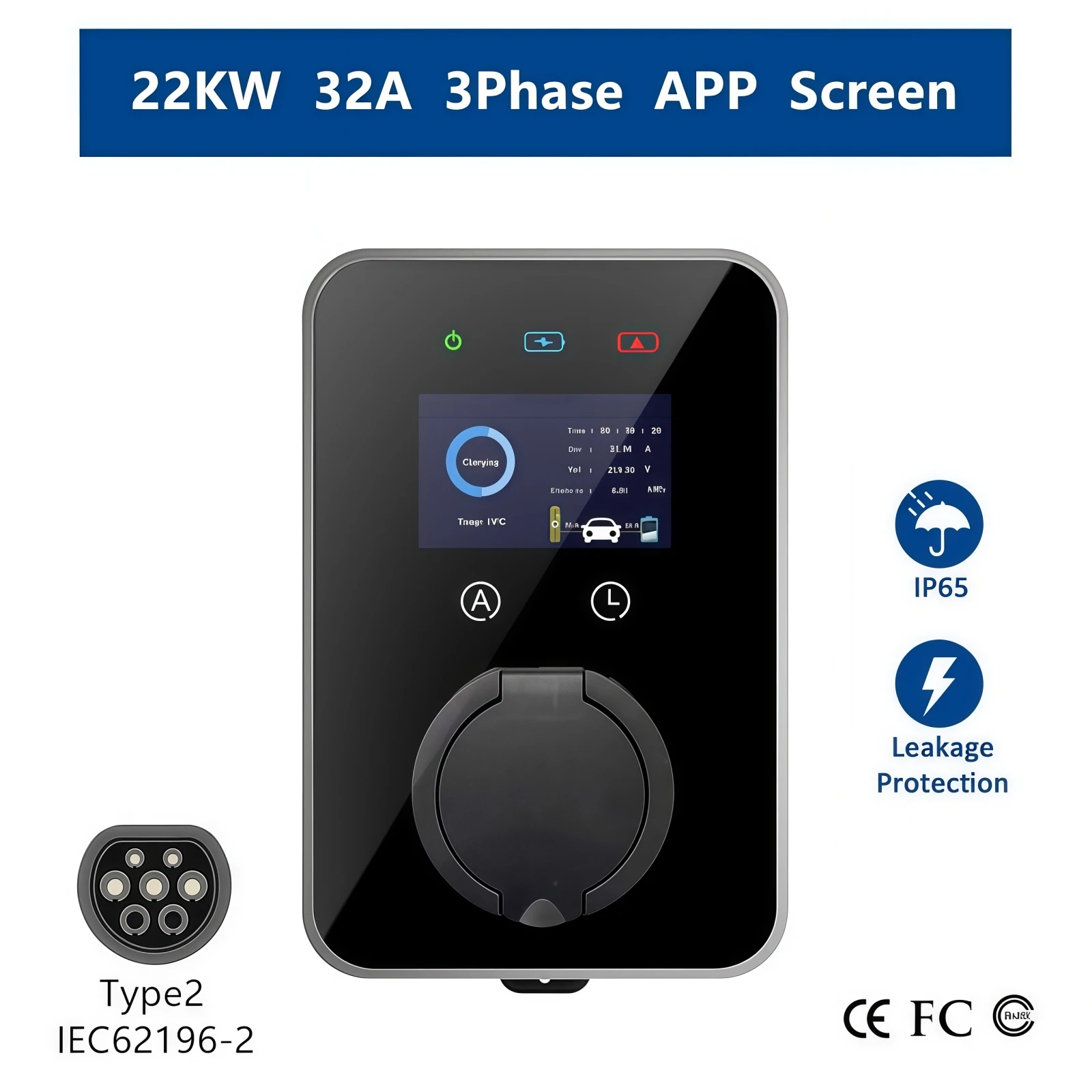 Nieuwe EV-lader Type 2 EVSE Wallbox 32A 7KW 22KW 16A 11KW 3-fasig IEC62196-2 Adapter APP-besturing voor elektrische auto's