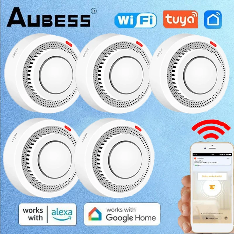 Aubess Tuya Wifi Rookmelder Sensor 80db Alarm Brand Slimme Rookmelder Wifi Brandbeveiliging Home Security Brandbeveiliging