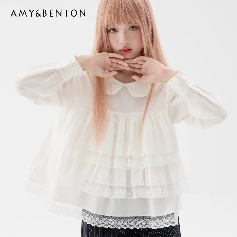 

French Retro White Sweet Splicing Lace Trim Women's Top Autumn New Design Girly Loose Slimming Elegant Long Sleeve Shirts Ladies