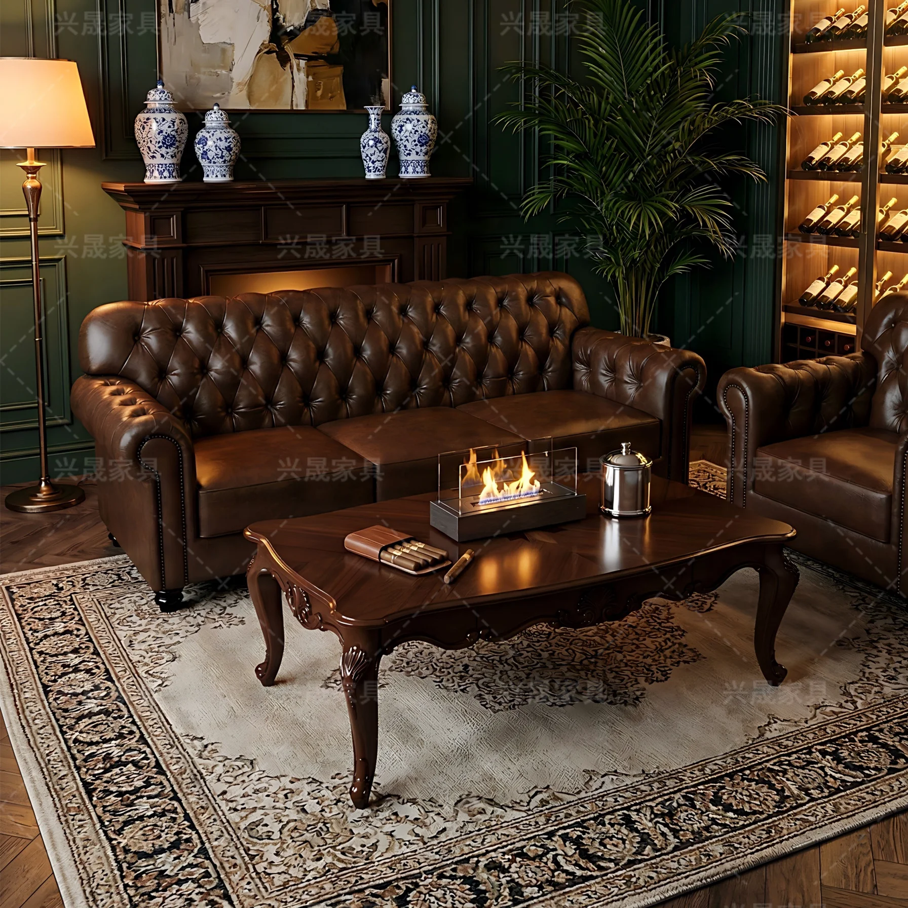 HYS Vintage American Bar Sofa Combination Private Club Cafe Double Seat Table and Chair Combination