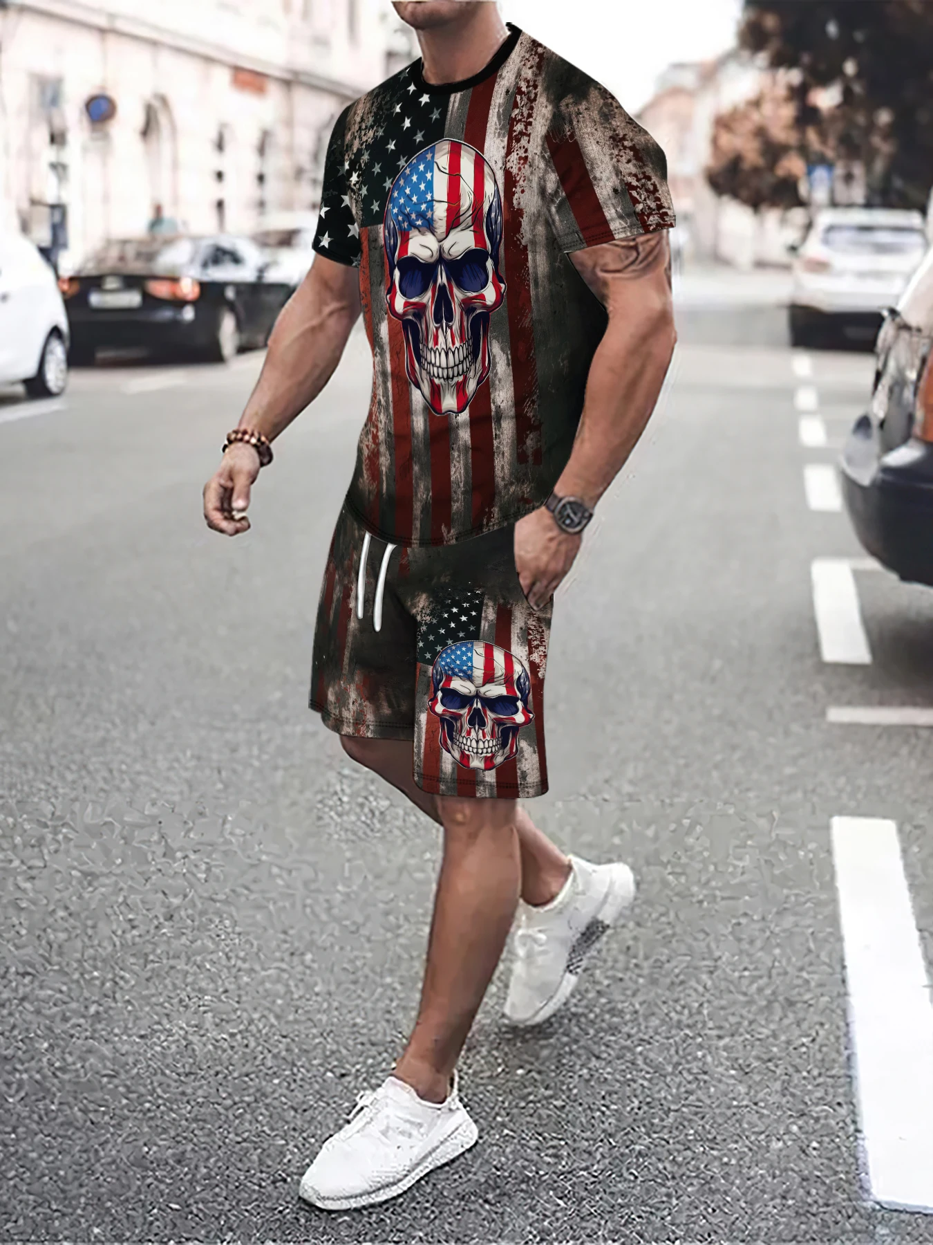 

Summer Men's Tee Suit American Flag Print Casual Short Sleeve Pullover T-shirt Pants Set Outdoor Fashion Male Oversized Clothing