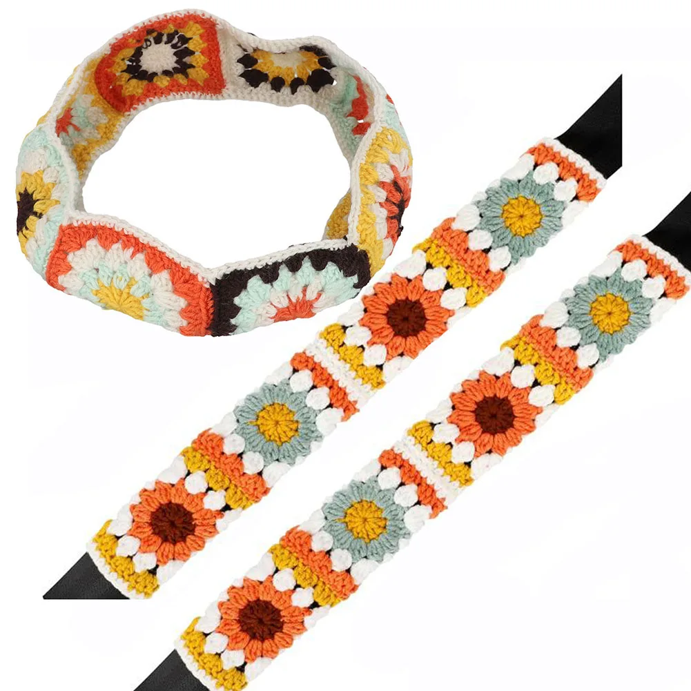 Stylish 3PCS Crochet Steering Wheel Cover and Seat Belt Pads Bohemian Sunflower Pattern for a Unique Touch to Your Vehicle