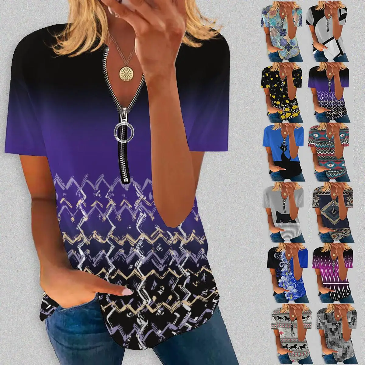 T-shirt ort Sve con colletto con cerniera con stampa stagionale da donna T-shirt stampata in lycra di cotone slim fit Princ Sle Primavera 2023