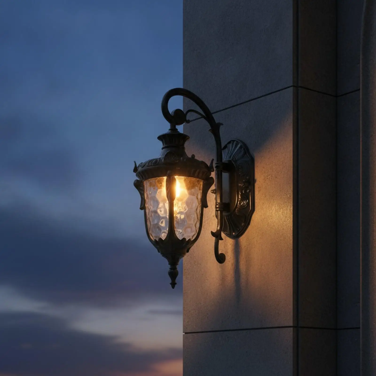 Vintage Style Exterior Wall Sconce with Glass Lantern Shade and Curved Metal Accent for Outdoor Porch Pathway Doorway Lighting