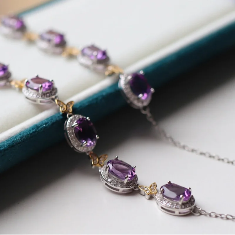 Natural Amethyst Multi-Particle Bracelet 925 Silver Main Stone 6*8mm Color Rich