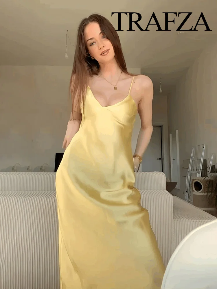 

TRAFZA Women Summer Sleeveless Backless V-Neck Rear Zipper Slim Sexy Sling Dress Woman New Fashion Solid Beach Party Dresses