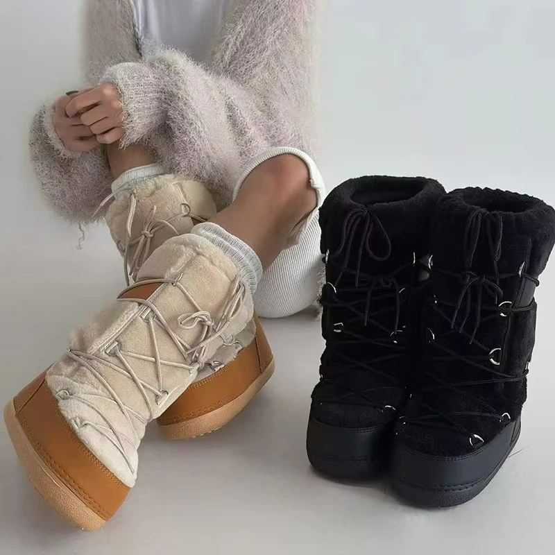 Women's Winter Boots 2026 New Thickened Space Boots Women Fur Splicing High tube Woman Snow Boots Ladies Winter Shoes Non-slip