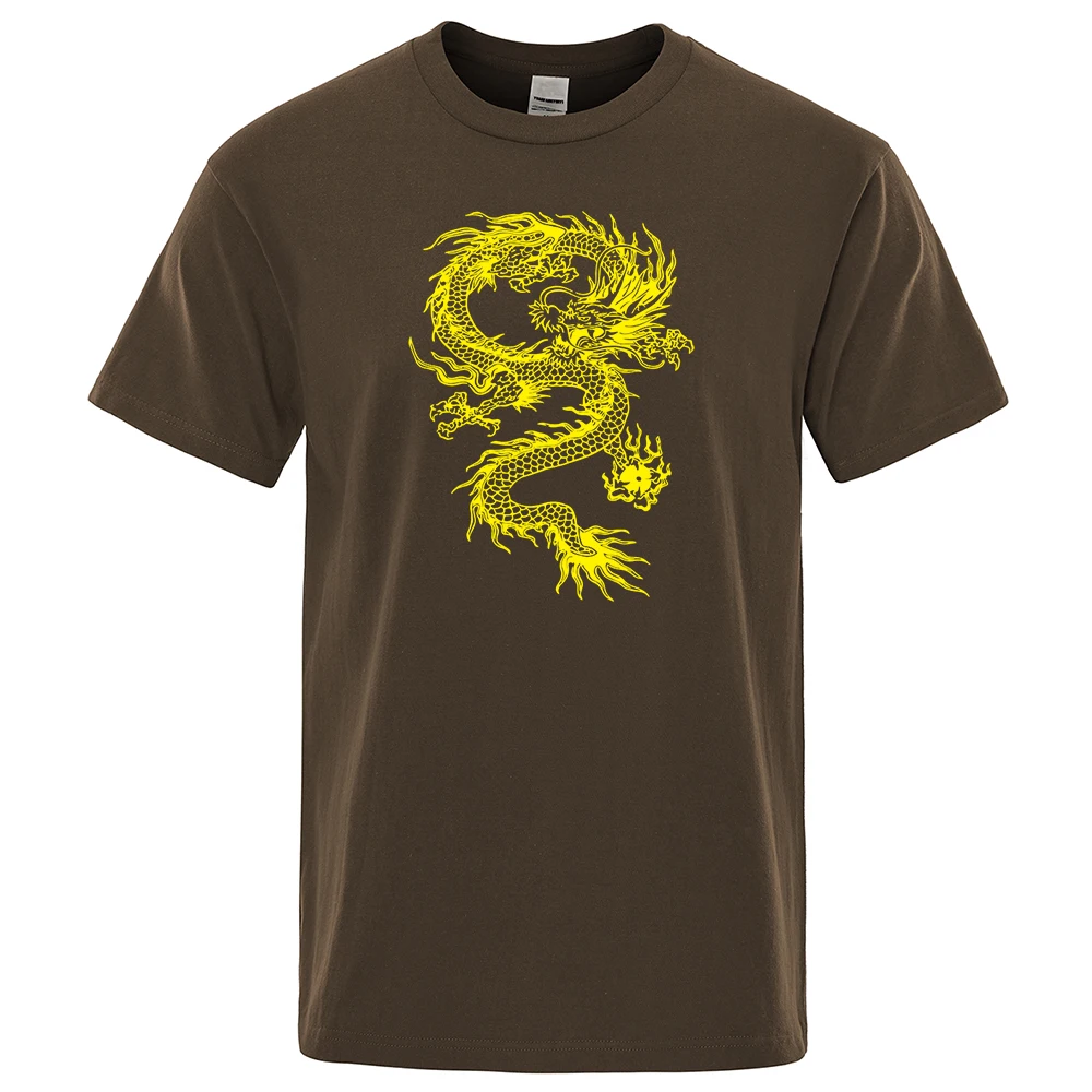 Chinese Style Yellow Dragon Printing Mens T-Shirt Cotton Loose T-Shirt Cotton Brand Oversized Streetwear Breathable Sweat Tshirt