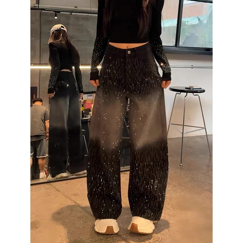 ZHIZOU Women Baggy Black Jean Grunge American Retro Harajuku High Street 2000s Wide Fit Jeans Y2k Japanese Denim Pants Hip-pop