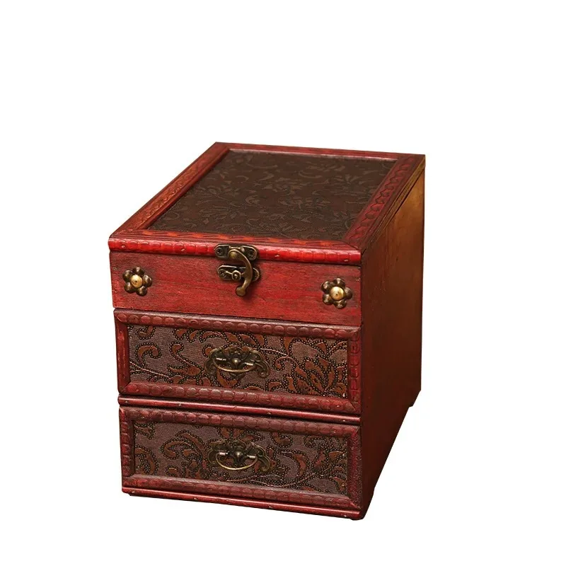 Retro classical Chinese dressing box Wooden jewelry Storage Jewelry box with drawer with mirror Storage box Gift