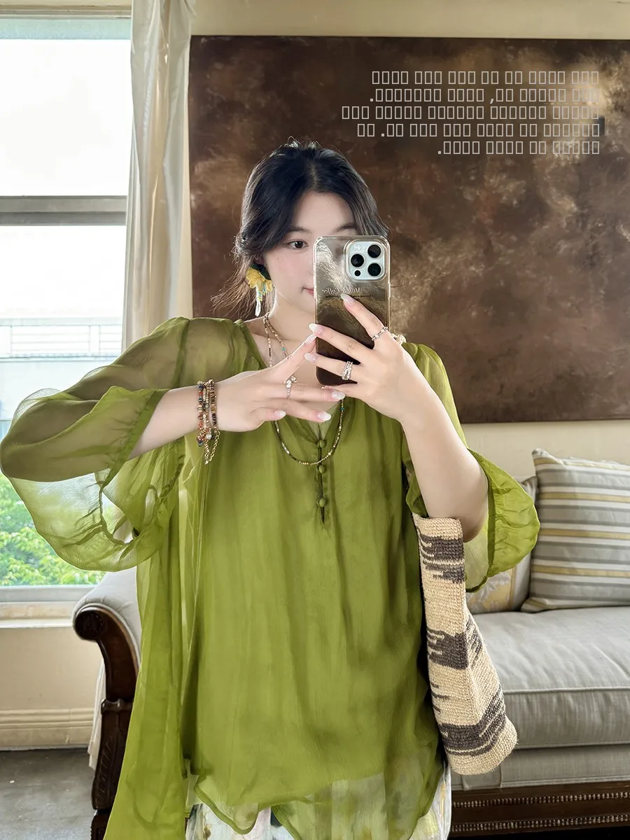 

Повседневная женская блузка из шелкового шифона свободного кроя с коротким рукавом, на пуговицах, прозрачная, с драпировкой, в стиле «Эле Флоуинг Энн Форест»