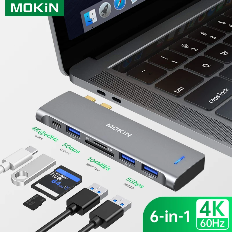 mokn usb c hub adapter 6in docking station para macbook pro air m1 m2 dual usb c para sd tf card 100w thunderbolt pd port 01