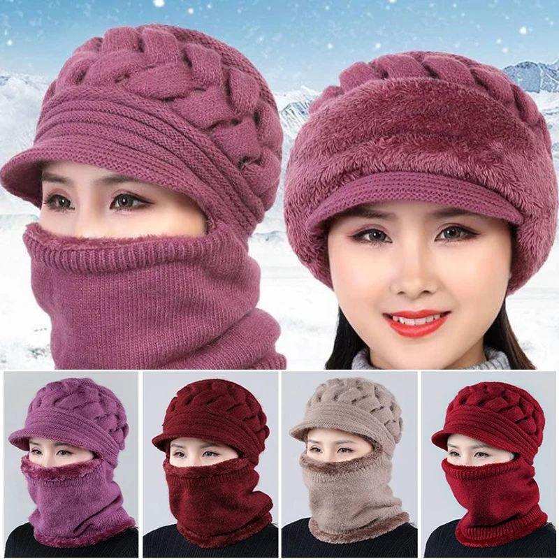 

Winter Warm Female Thickening Windproof Cycling Hat Knitted Beanie Scarf Cap