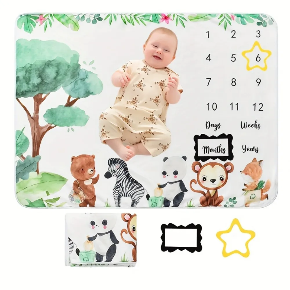 VIKAMA Cartoon Wildlife & Tree Print Baby Full-Moon Photography Blanket, Newborn Baptism, Milestone Commemorate, Growth Calendar