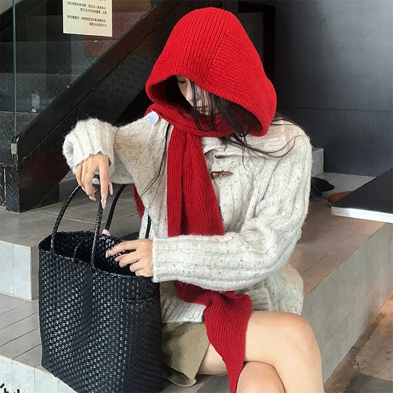 Winterwarme Woll-Strickmütze mit Falschem Schalkragen, Kapuzenpullover und Einteiligem Nackenwärmer für den Außeneinsatz bei Kälte – Detail 6